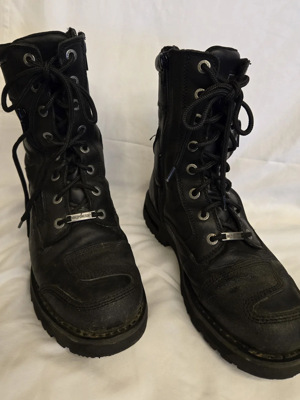 Harley-Davidson Sz 9.5 Black Leather Lace-Up Zip Moto Boots